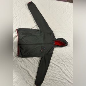 Hooded Patagonia Synchilla fleece. Gray with red trim. Lightly worn.